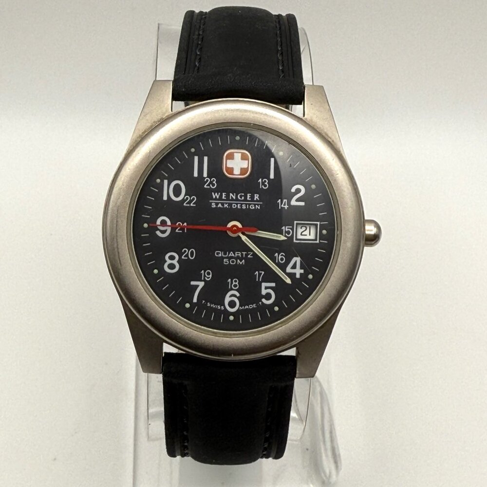 Vintage Wenger 2005 SAK Design Round Unisex Black Leather Strap Watch Working